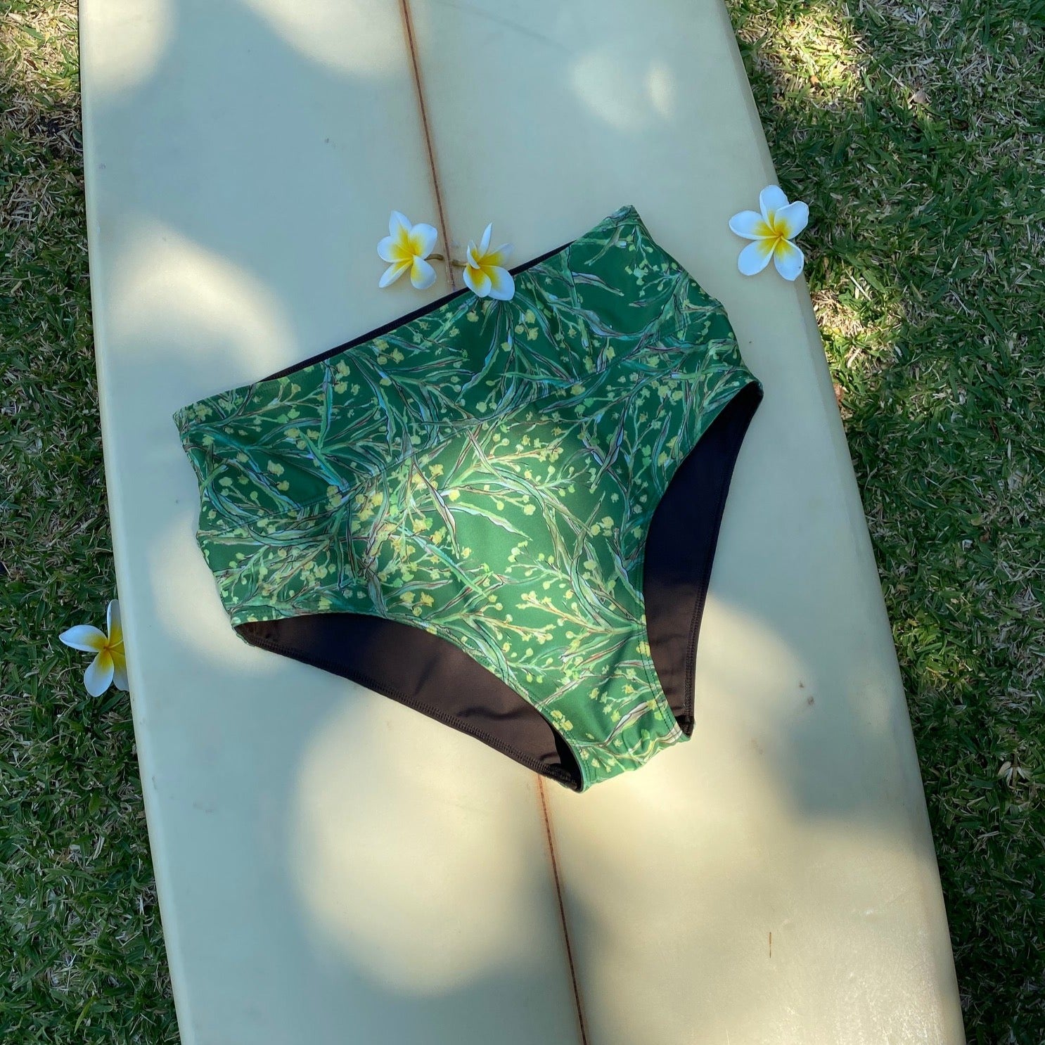 High waist reversible bikini pants in wattle print by Kerry Beazley