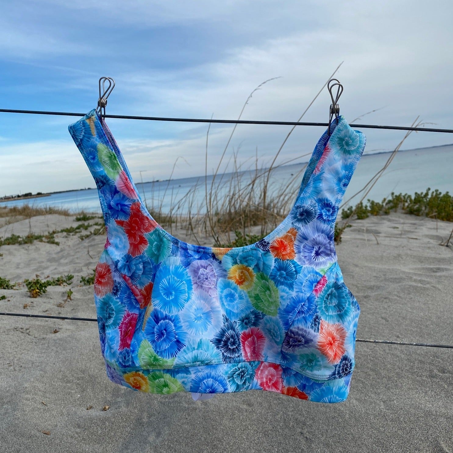 Montipora coral watercolour print by Sofie Seyah on our curvy crop top, suits B - DD bust.