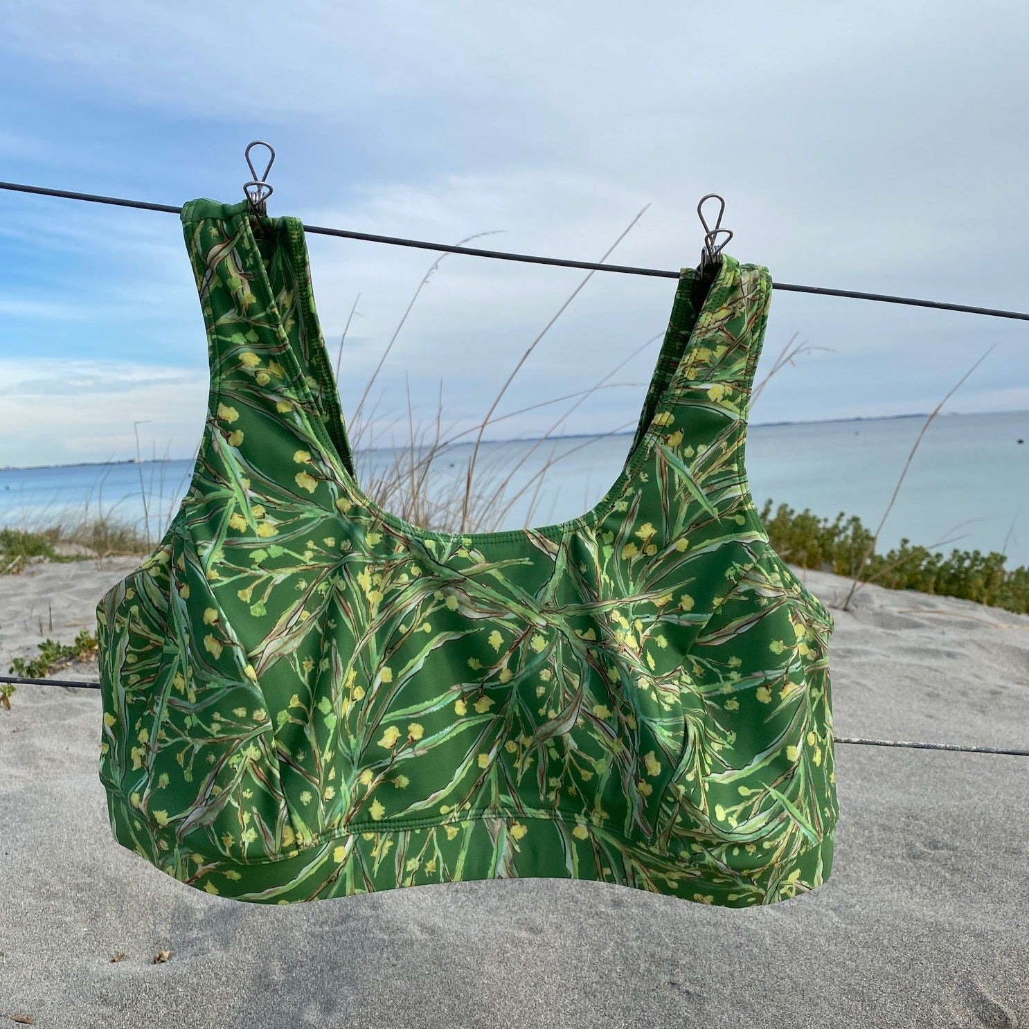 Wattle print by Kerry Beazley on our curvy crop top bikini top, suits B - DD bust.