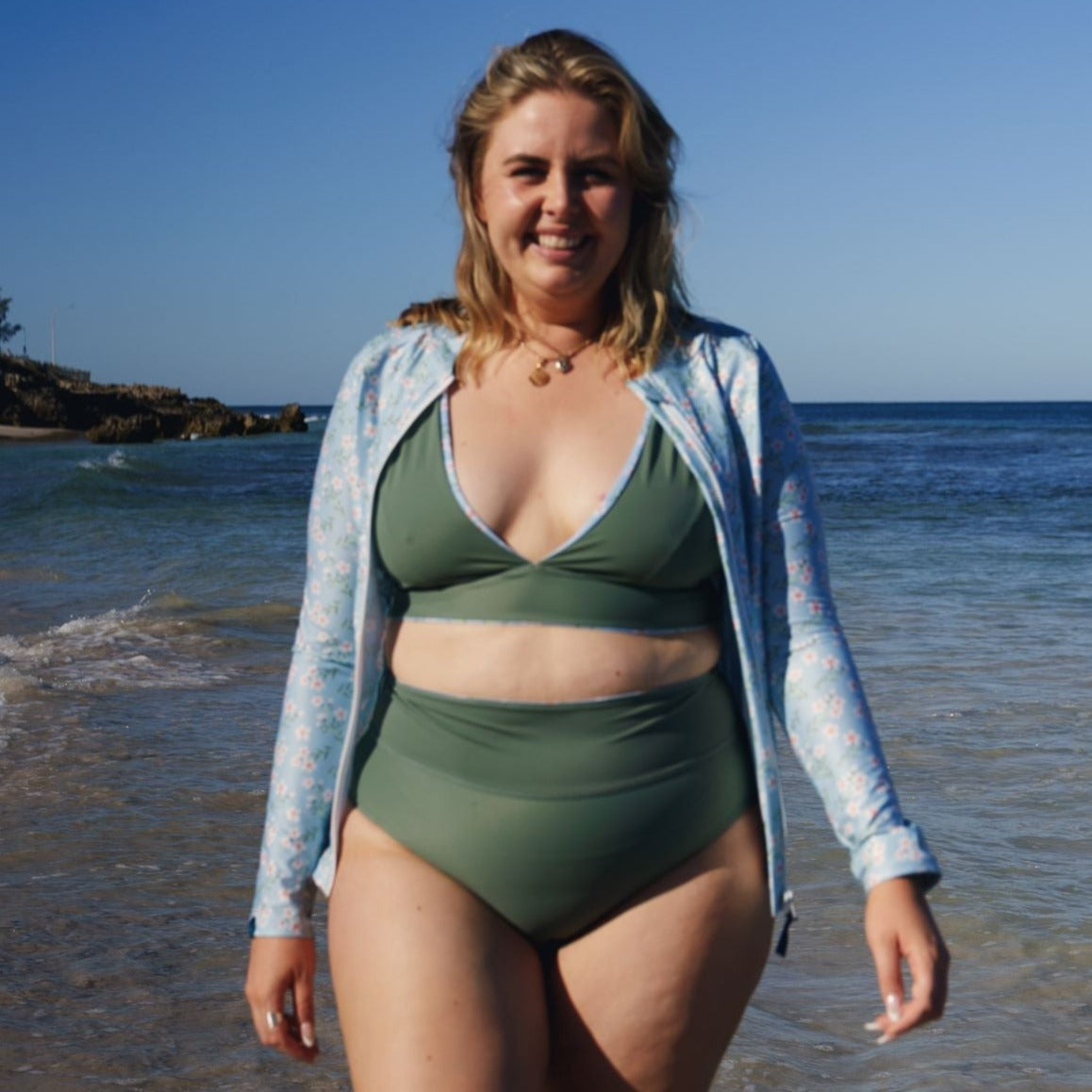Reversible bikini in wax flower and khaki with wax flower full zip rashie sizes 8-20