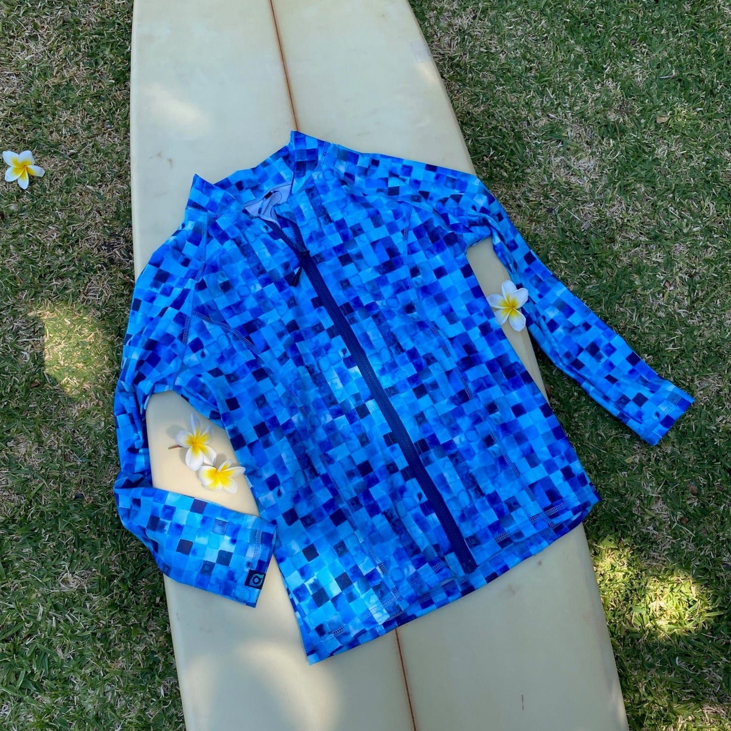 Blue ocean kaleidoscope print by Sofie Seyah  long sleeved, zip front rashie