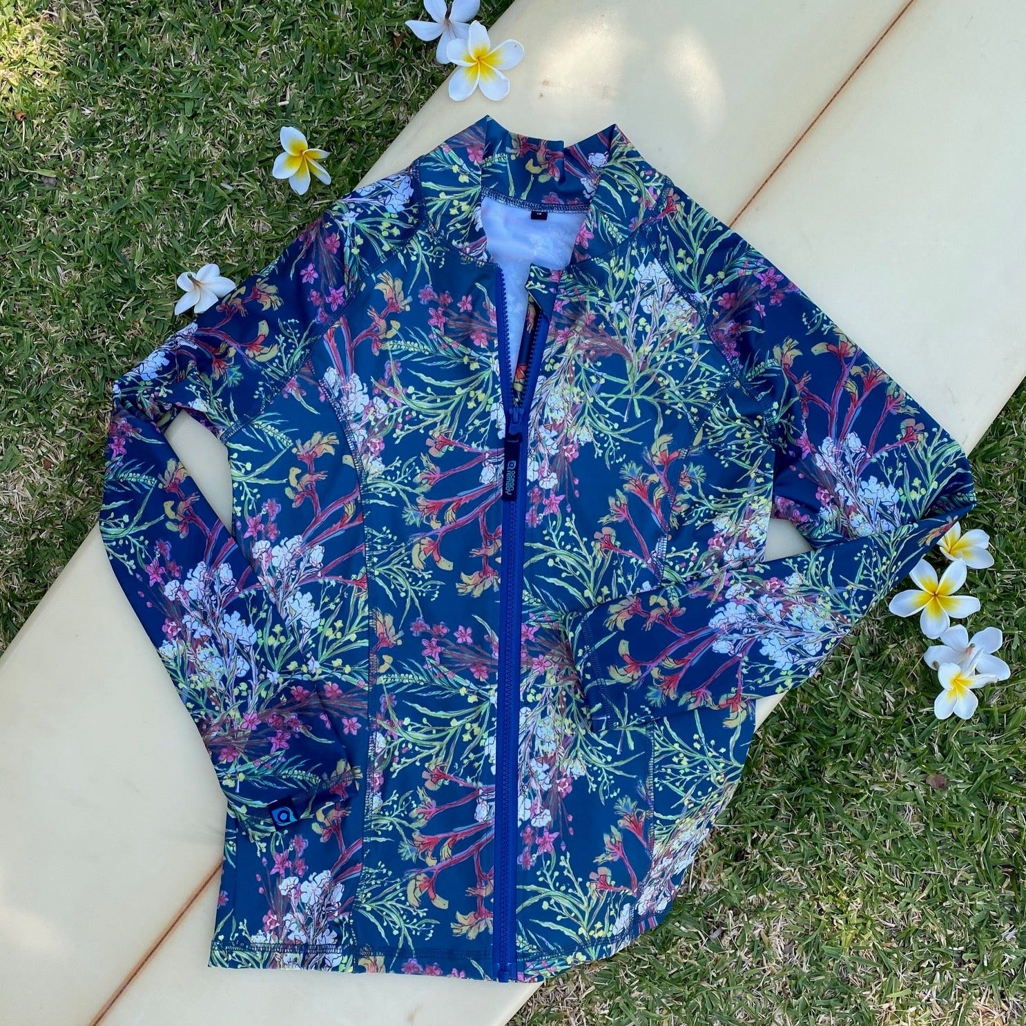 Boorloo garden print by Kerry Beazley, zip front, long sleeved rashie