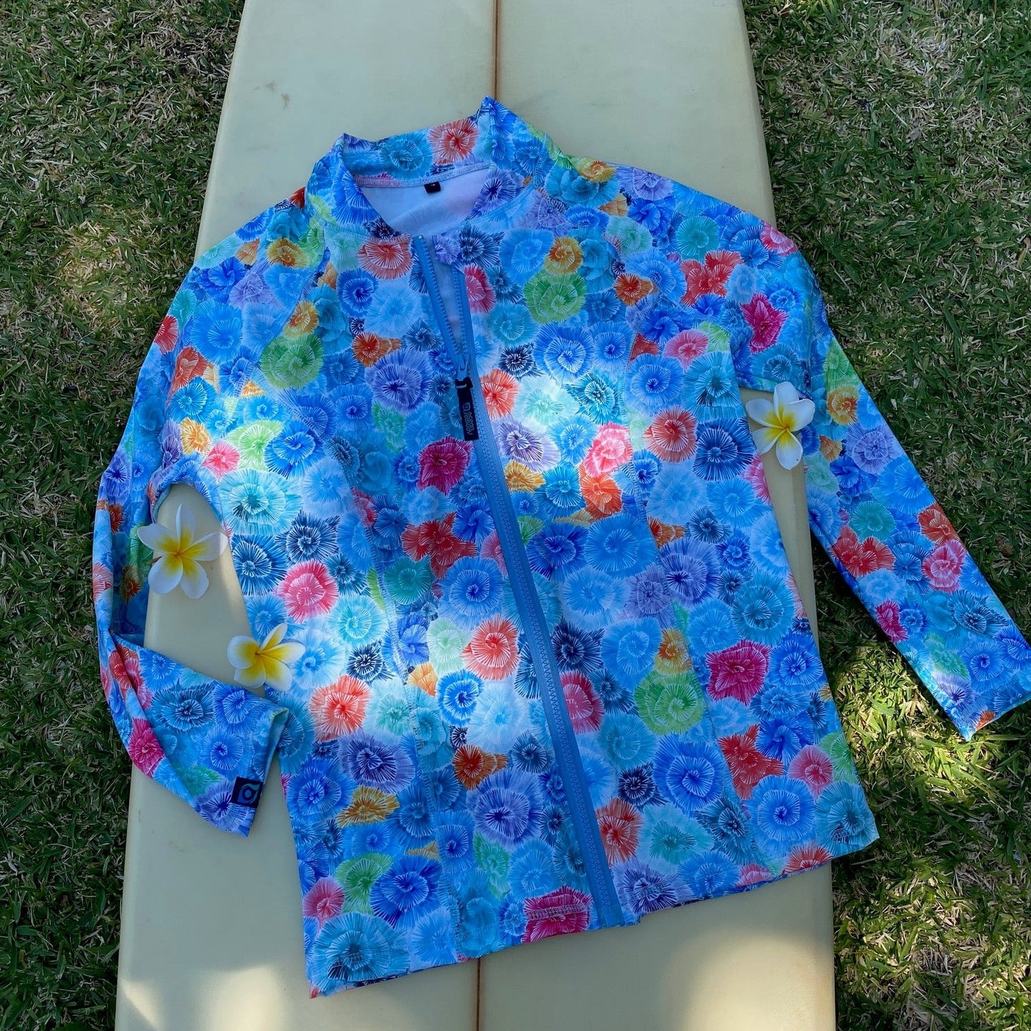 Montipora coral print by Sofie Seyah recycled fabric rashie, full zipper, long sleeves, UPF50 plus.