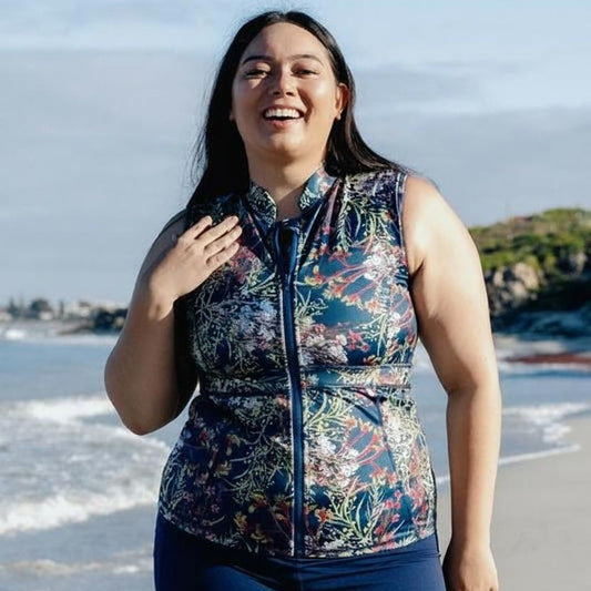 Swim vest for women mastectomy friendly, easy to get into, suits AA to DD cup, recycled polyester, native floral print.
